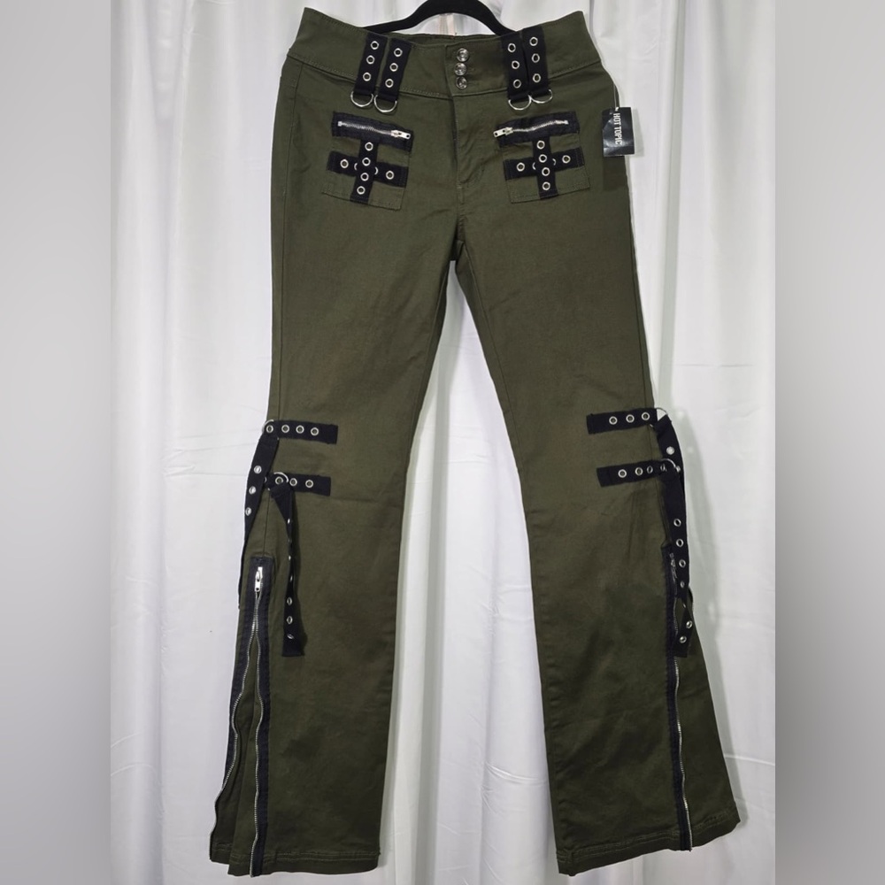 Hot Topic Olive Green Military Gothic Cargo Pants with Black Straps & Grommets